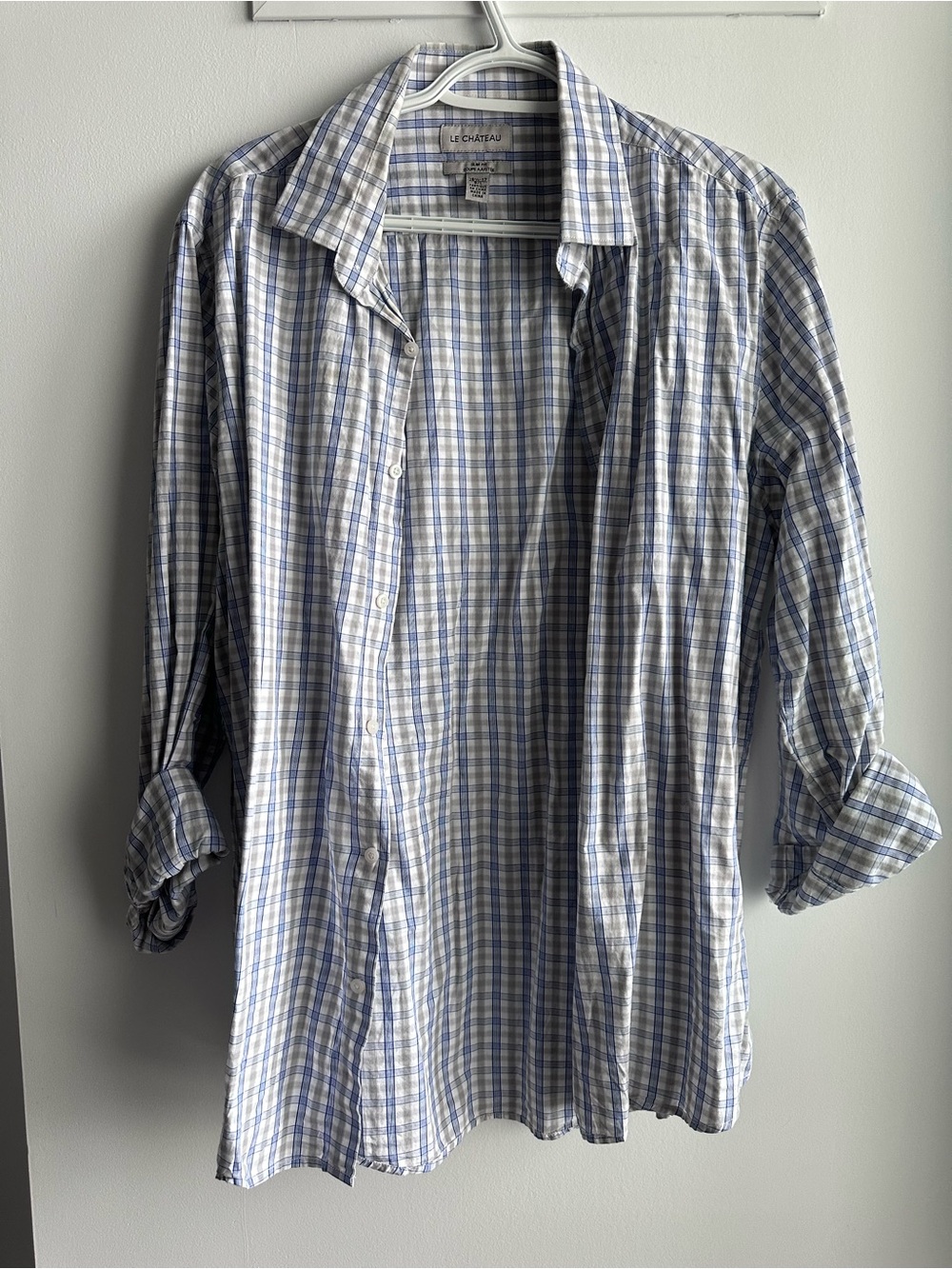 le chateau Men's Blue and White Plaid Button-Down Shirt
